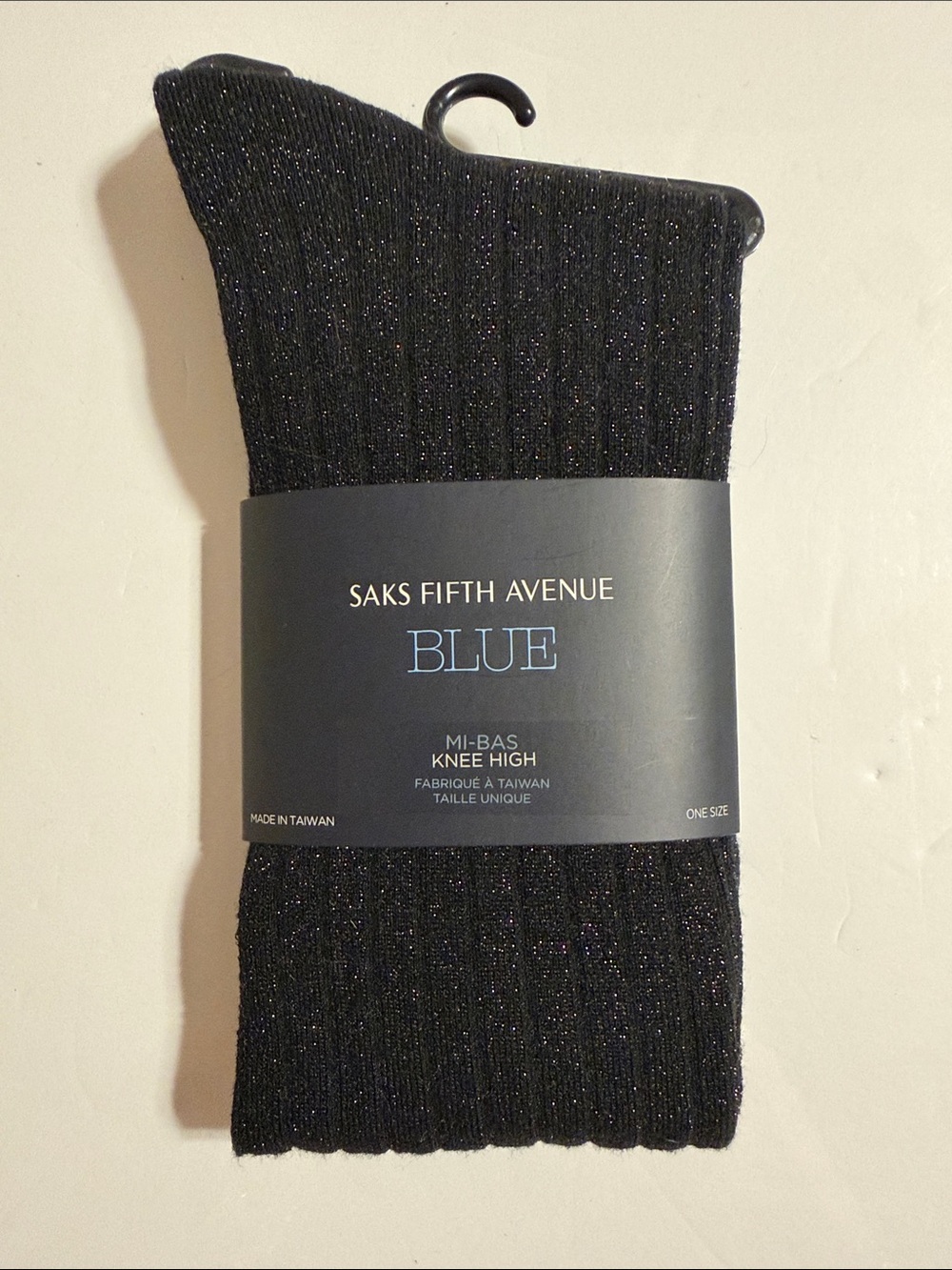 Saks Fifth Avenue Black Metallic Rib Knee-High Socks Feature Glitter Finish